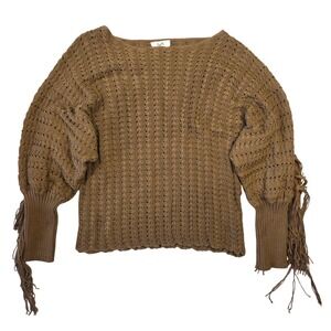 Kye Mi Women Brown Knitted Fringe Sleeve Sweater Size M Boho Western Cowgirl
